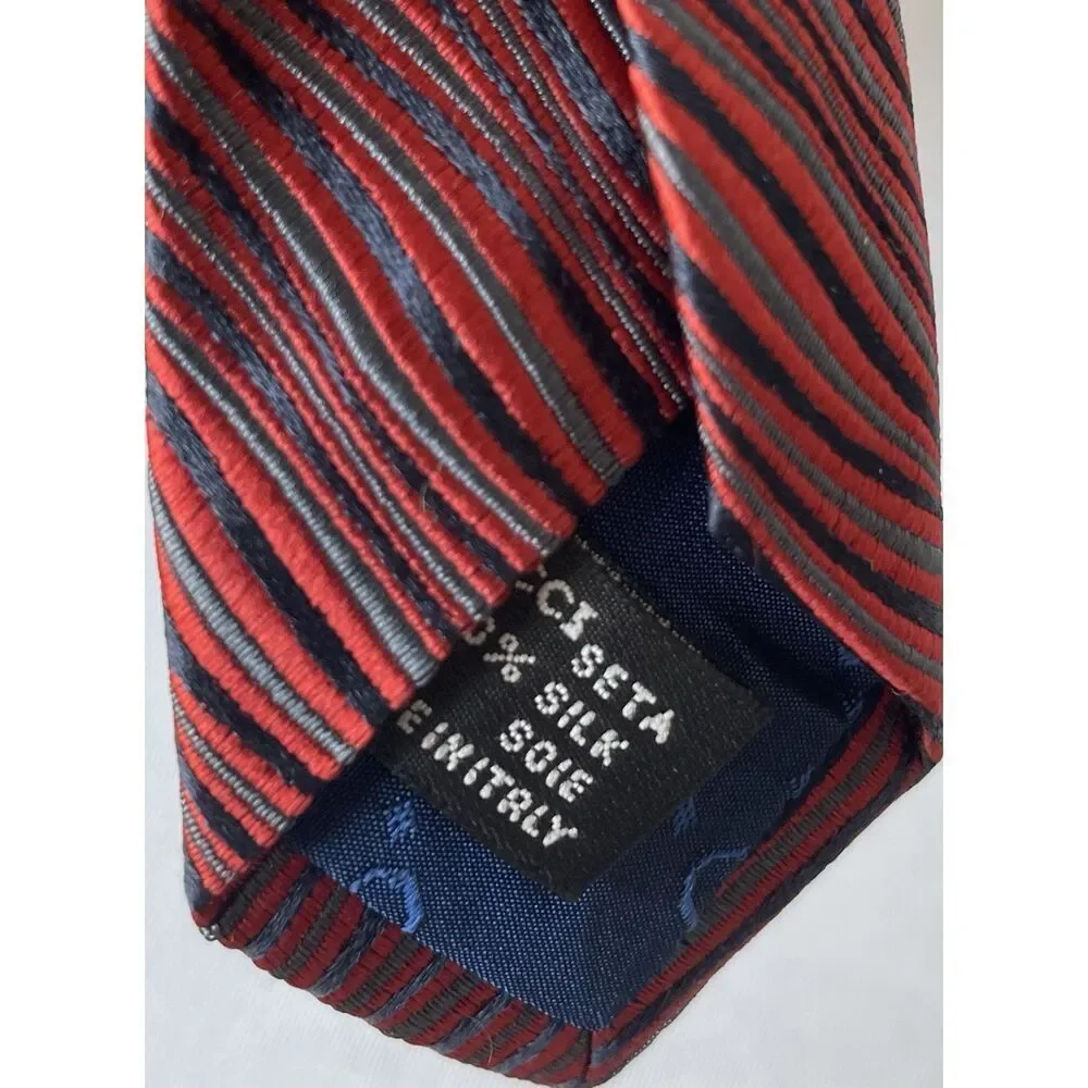 NWT'S Authentic Gucci Silk Necktie 90's Vintage Geo Stripe Red/Black/Blue Italy